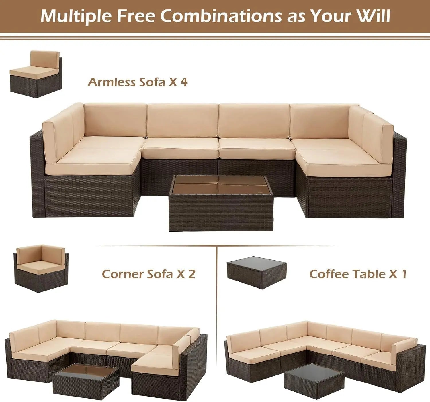 7-Piece Outdoor Patio Furniture Set with PE Rattan Wicker Sofa, Cushions, and Tea Table in Brown