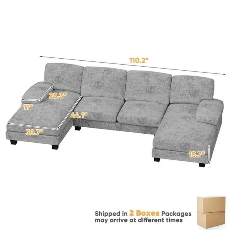 Elegant U-Shaped Chenille Sectional Sofa with Chaise - 4 Comfortable Seats in Modern Gray for Your Living Room