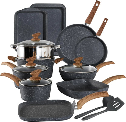 Induction Cookware Set-17 Piece Non-Stick Cooking Pan Set, Black Granite Pots and Pans Set