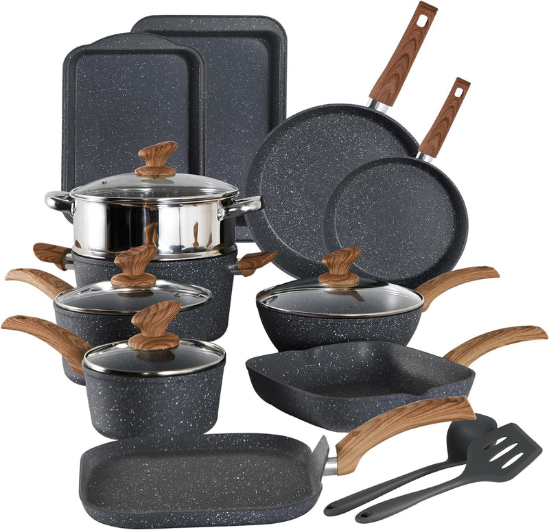 Induction Cookware Set-17 Piece Non-Stick Cooking Pan Set, Black Granite Pots and Pans Set