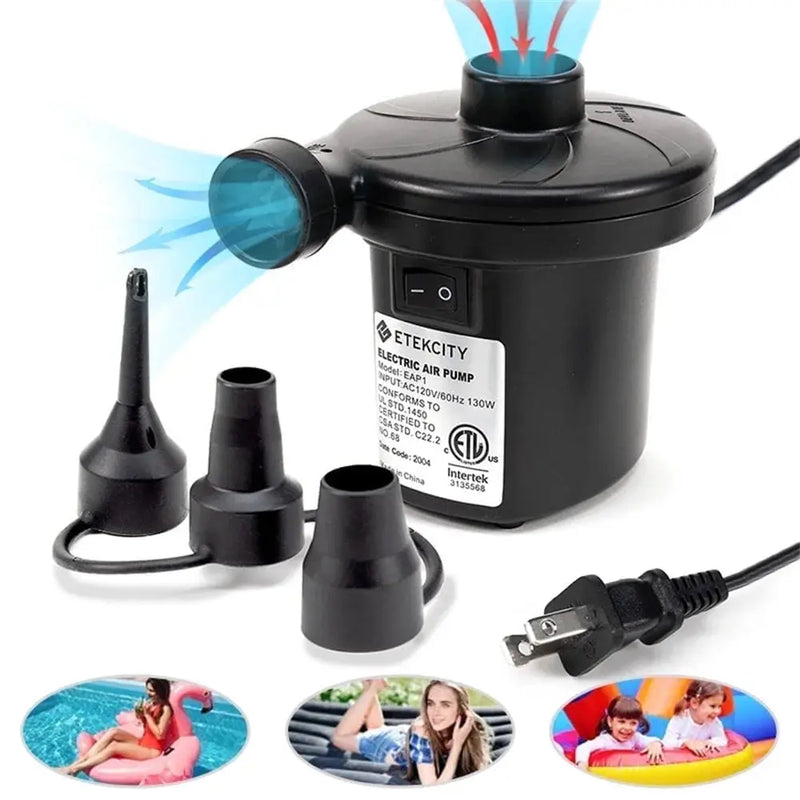 Electric Air Pump Air Mattress Portable Pump for Inflatables Couch, Pool Floats, Blow up Pool Raft Bed Boat Toy, Quick-Fill AC Inflator Deflator with 3 Nozzles, One Size, Black