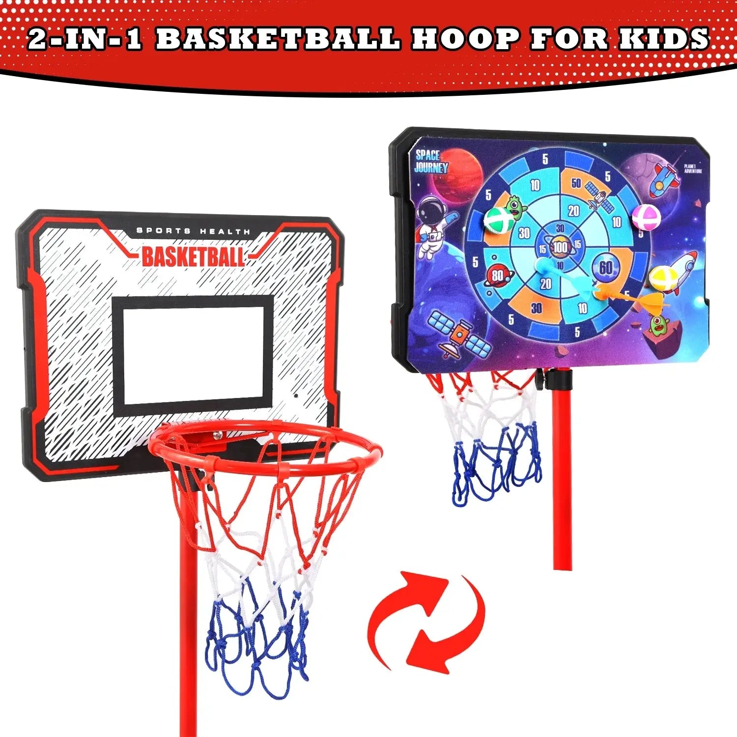 Kids Basketball Hoop, 2-In-1 Toddler Basketball Goal with Dart Board &amp; 4 Balls, Adjustable Height 2.9Ft-6.2Ft, Outdoor Basketball Toy Gifts for 3-12 Year Old Boys Girls