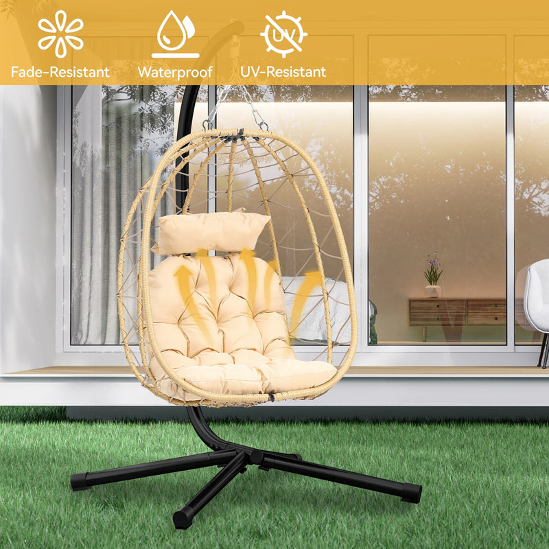 Hanging Egg Chair with Stand Swing Chair Wicker Indoor Outdoor Hammock Egg Chair with Cushions 330Lbs for Patio, Bedroom, Garden and Balcony, Beige