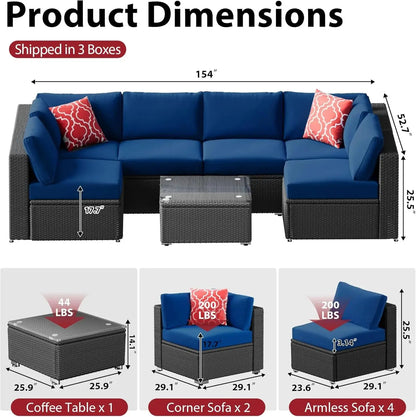7 Piece Patio Furniture Sets Outdoor Sectional PE Rattan Outdoor Furniture Patio Conversation Set with Cushions and Glass Coffee Table, for Balcony Lawn and Garden, Gray