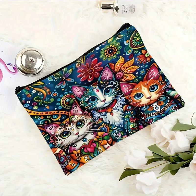 Vibrant Cat Print Cosmetic Bag with 3 Adorable Cats and Floral Design O3D