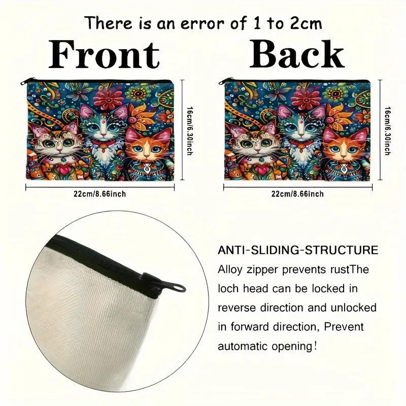 Vibrant Cat Print Cosmetic Bag with 3 Adorable Cats and Floral Design O3D