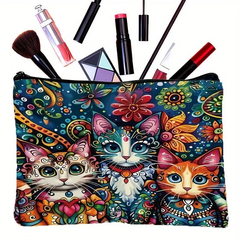 Vibrant Cat Print Cosmetic Bag with 3 Adorable Cats and Floral Design O3D