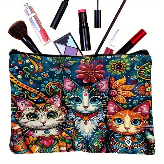 Vibrant Cat Print Cosmetic Bag with 3 Adorable Cats and Floral Design O3D