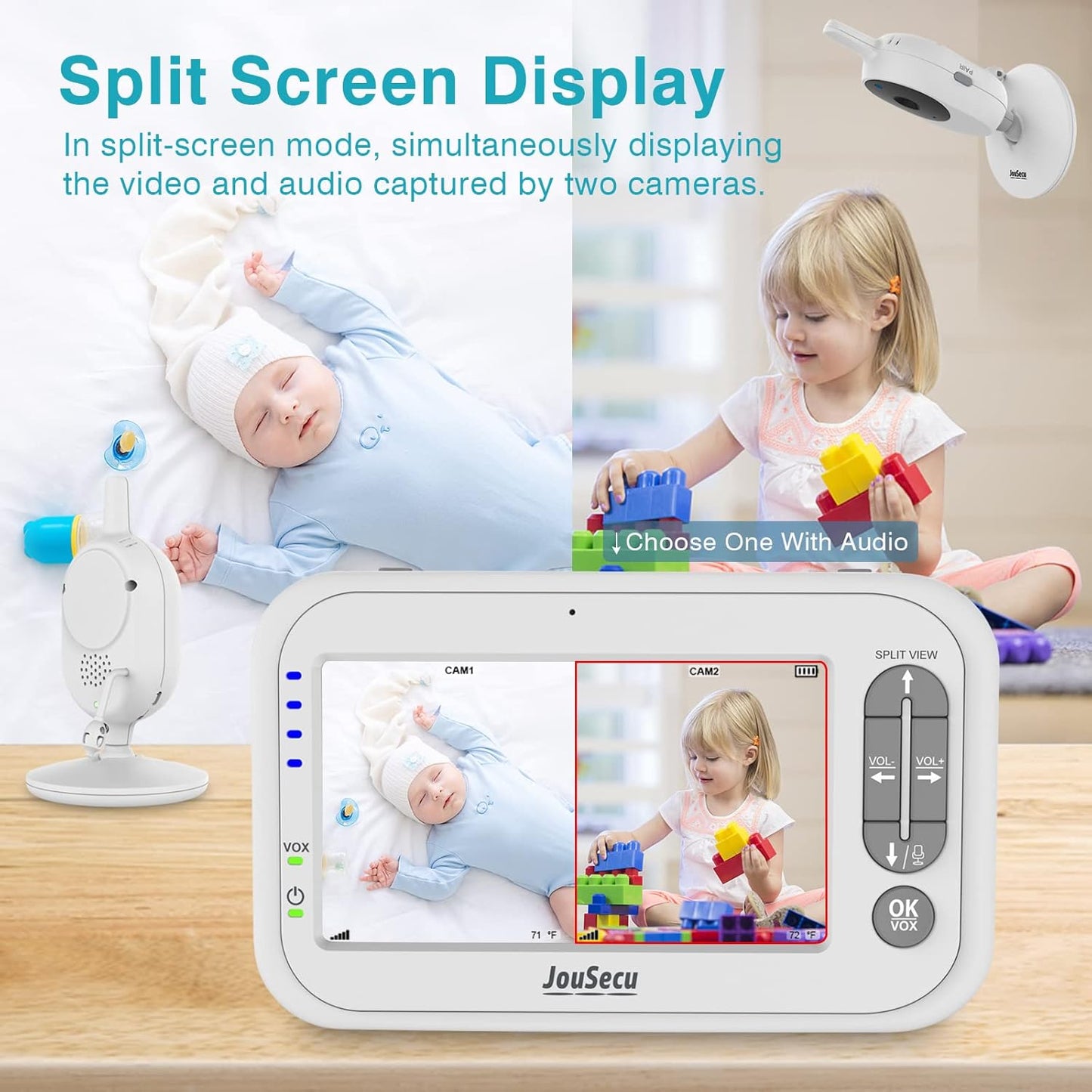 Advanced Baby Monitor with Dual Cameras, 4.3" Split Screen, Two-Way Audio, Cry Detection, Night Vision & Temperature Monitoring