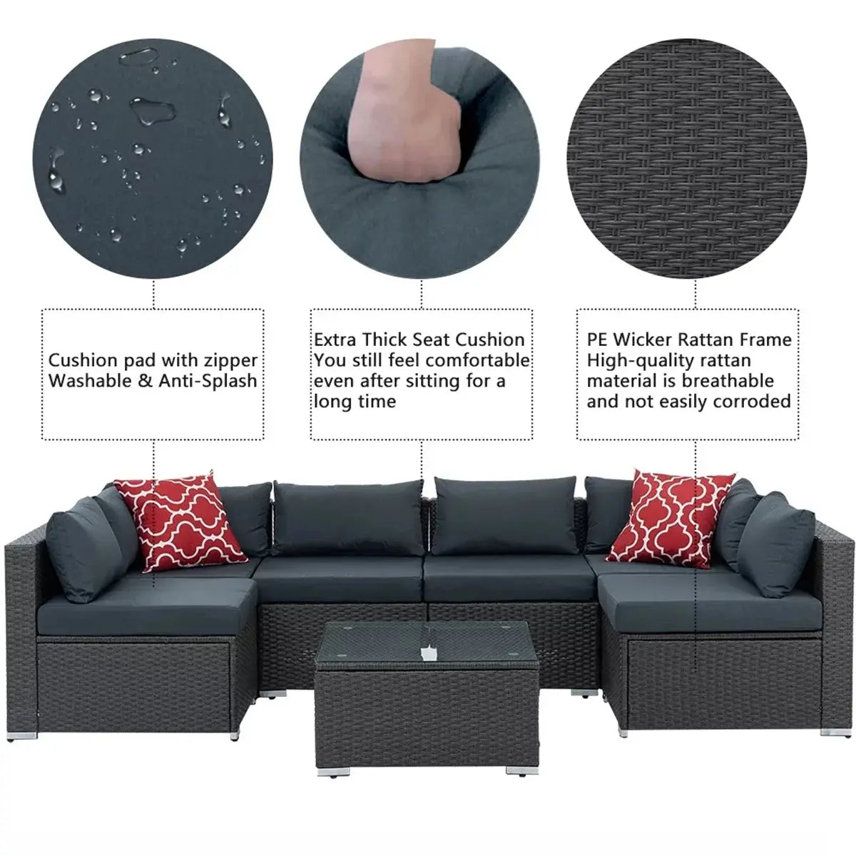 7 Piece Patio Furniture Sets Outdoor Sectional PE Rattan Outdoor Furniture Patio Conversation Set with Cushions and Glass Coffee Table, for Balcony Lawn and Garden, Dark Gray