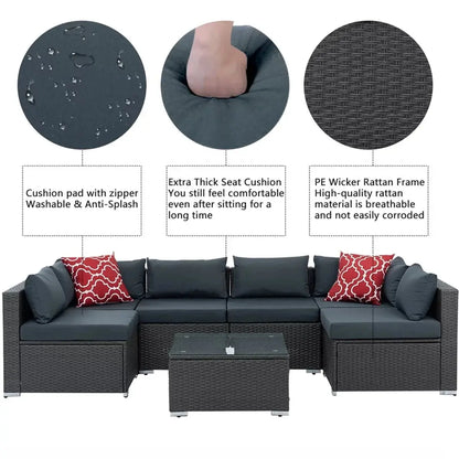 7 Piece Patio Furniture Sets Outdoor Sectional PE Rattan Outdoor Furniture Patio Conversation Set with Cushions and Glass Coffee Table, for Balcony Lawn and Garden, Dark Gray