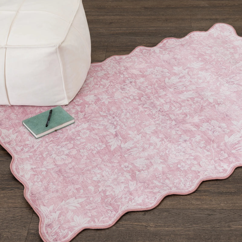 4'X5'6" Pink Feather Faux Fur Scalloped Indoor Area Rug