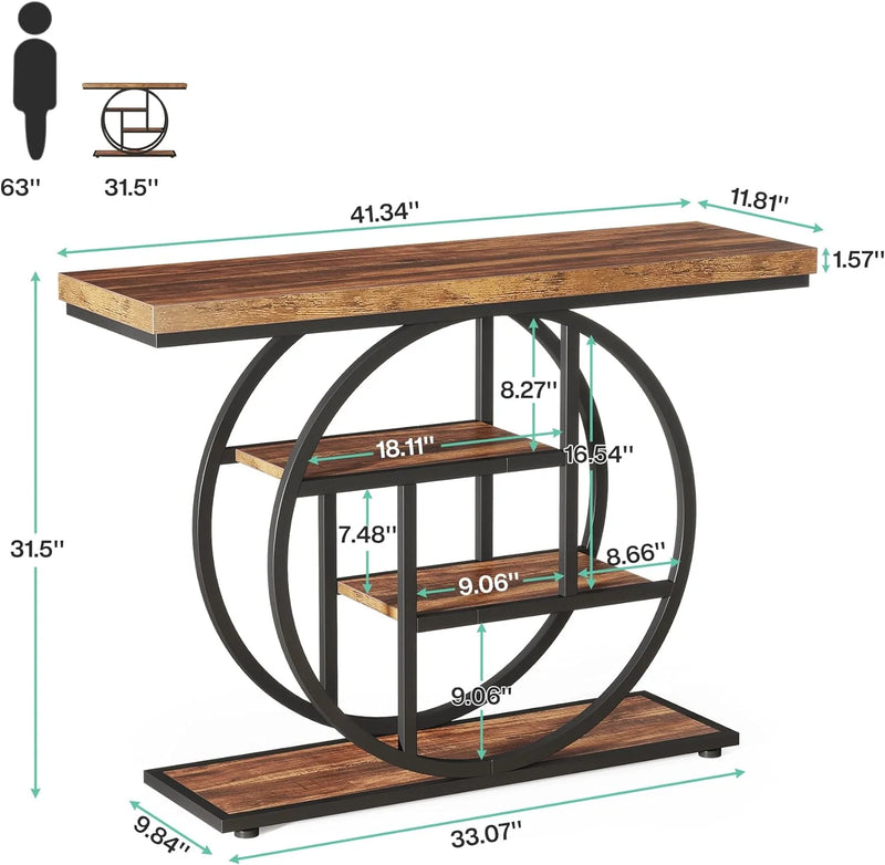 Industrial 41.3" Console Table, 4-Tier Sofa Table Narrow Wood Entryway Table with Storage Shelves for Living Room, Rustic Brown