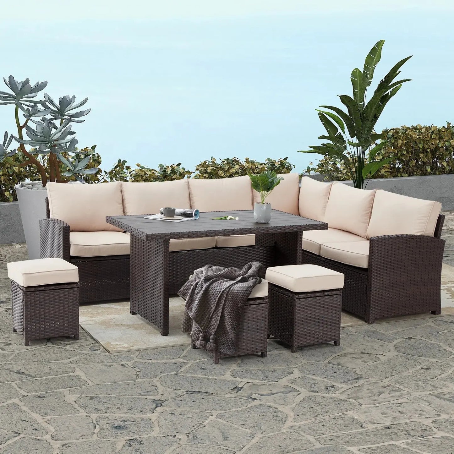 Transform Your Outdoor Experience with the Elegant 7 Piece Patio Conversation Set – Luxurious Beige Rattan Wicker Dining Furniture!