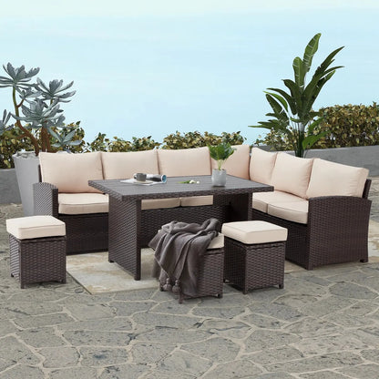 Transform Your Outdoor Experience with the Elegant 7 Piece Patio Conversation Set – Luxurious Beige Rattan Wicker Dining Furniture!