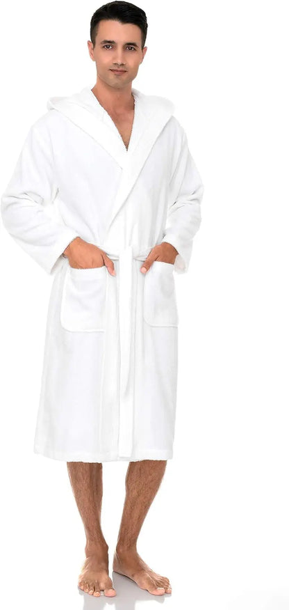 Mens Hooded Robe 100% Cotton Terry Cloth Towel Bathrobe Soft Shower Bath Robes for Men