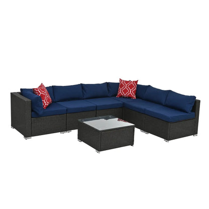 7 Piece Patio Furniture Sets Outdoor Sectional PE Rattan Outdoor Furniture Patio Conversation Set with Cushions and Glass Coffee Table, for Balcony Lawn and Garden, Gray
