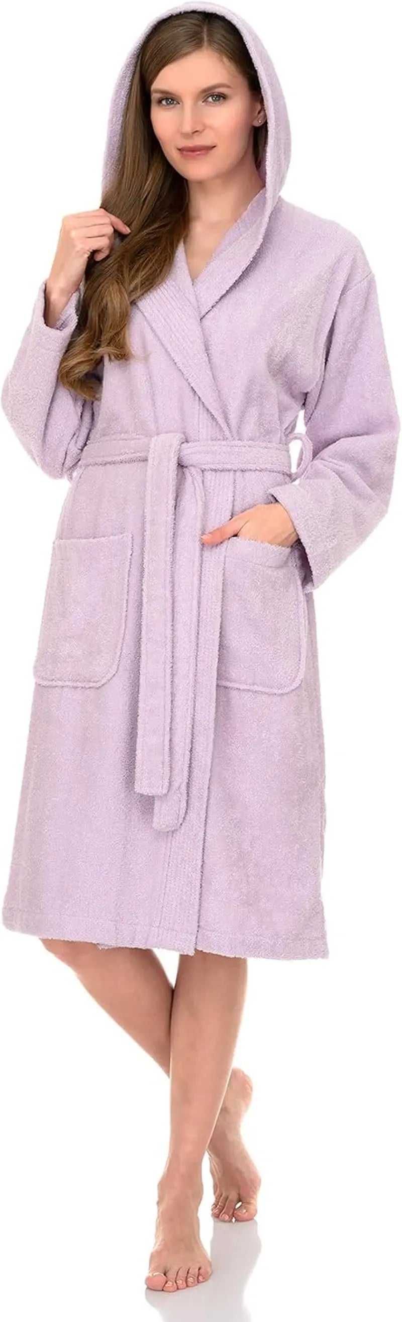 Womens Hooded Robe 100% Cotton Soft Towel Bathrobe Terry Cloth Shower Bath Robes for Women