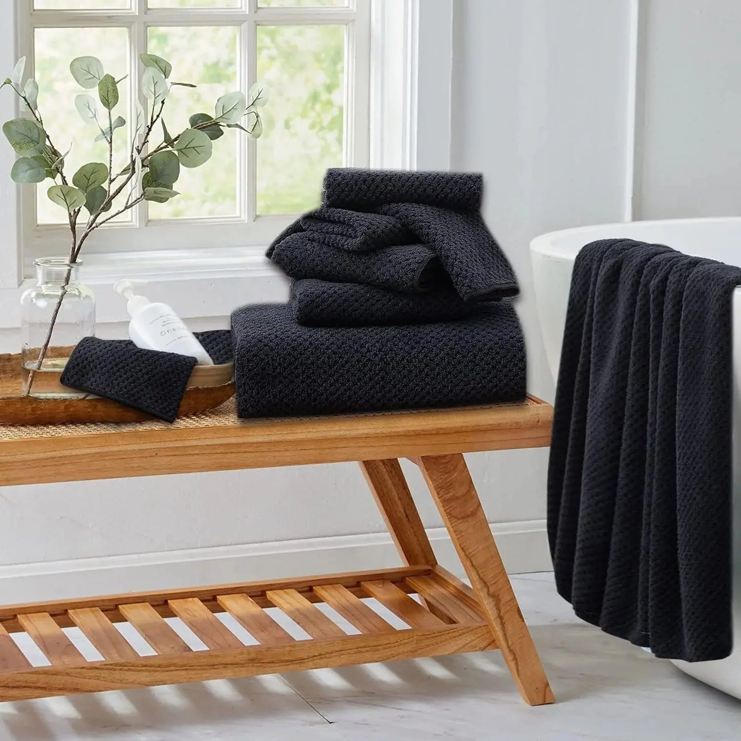 8 Piece Towel Set Oversized Soft Cozy Towels 600 GSM Black Plush Towel Set