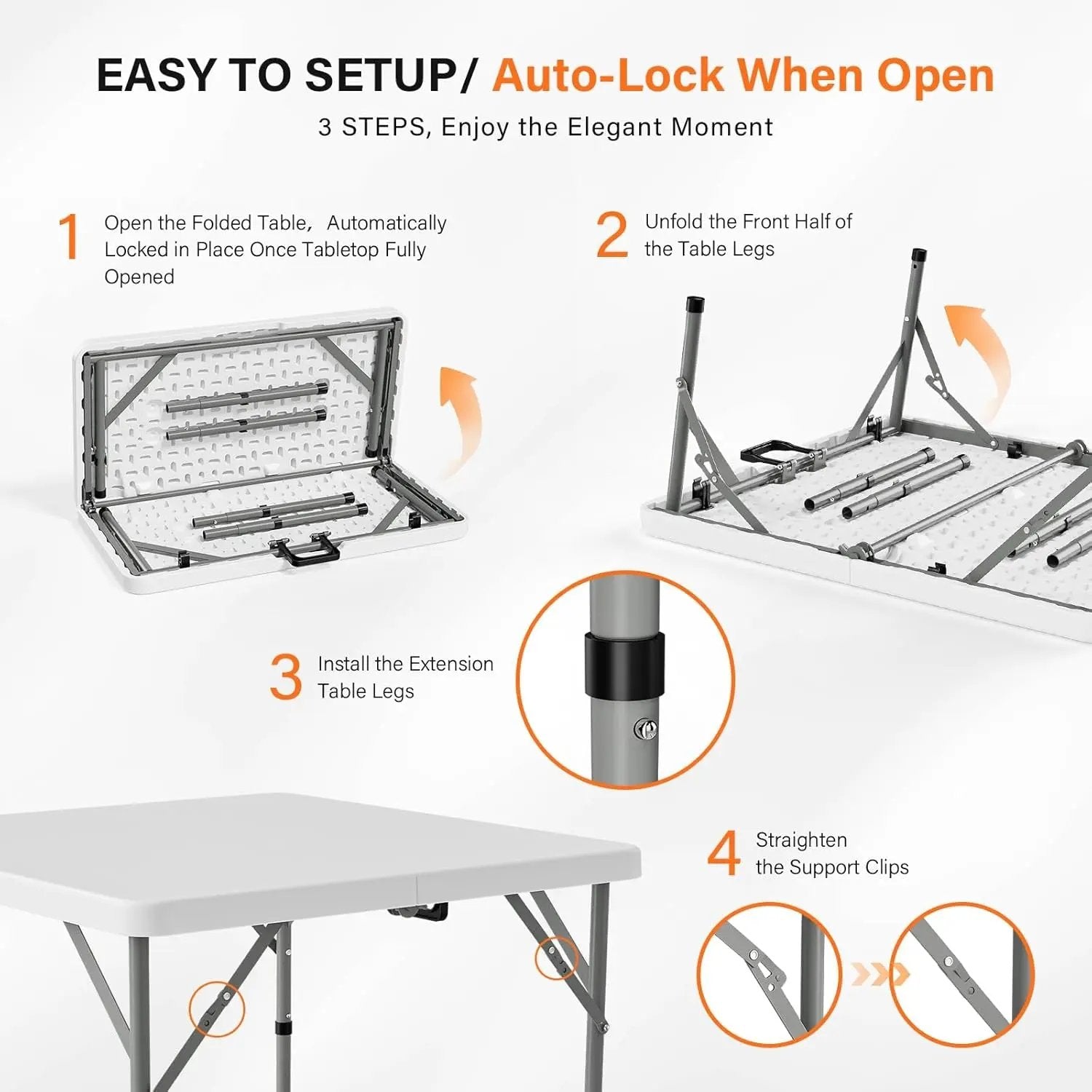 34" Fold in Half Square Table, Bi-Folding Commercial Table, Portable Plastic Dining Card Table for Kitchen or Outdoor Party Wedding Event, White