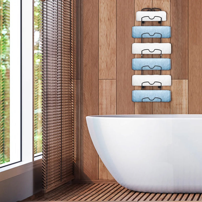 Towel Rack Wall-Mounted Metal Wine Rack Towel Rack Storage Rack with 6 Compartments for Bathroom Towels and Towels-Black