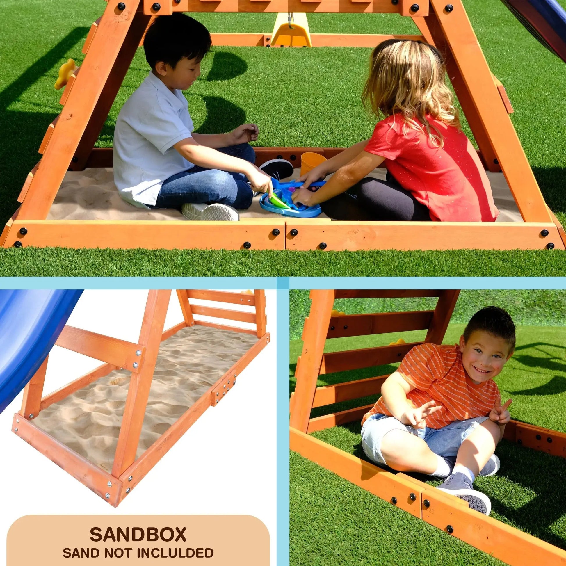 My First Wooden Swing Set with Dual Swings, Rock Climbing Feature, and 6-Foot Slide