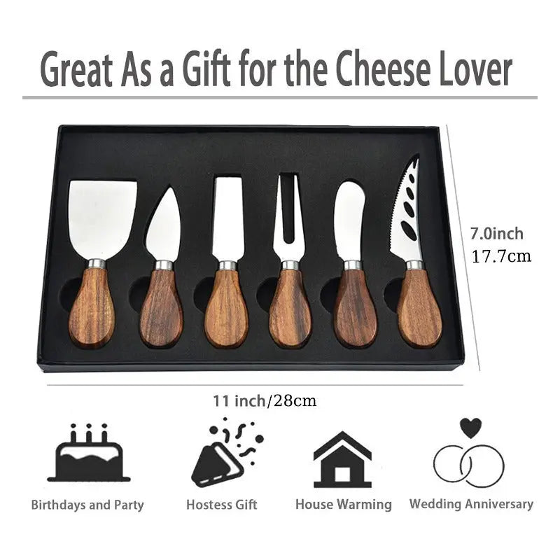 6-Piece Cheese Knife Set with Wooden Handles – Cheese Spreaders, Forks & Cutters for Charcuterie Boards, Wine Nights, and Entertaining Our3Designs