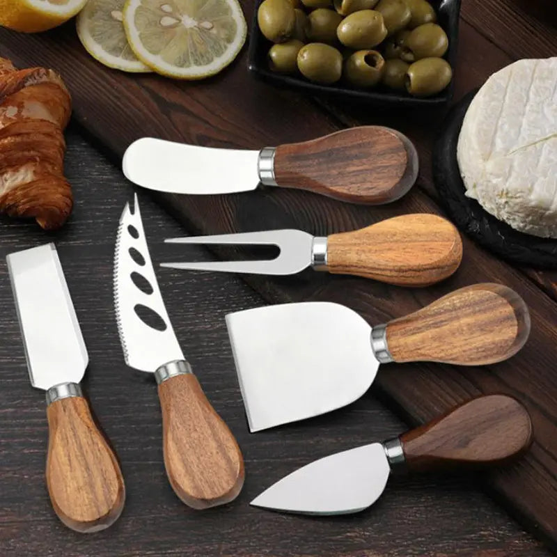 6-Piece Cheese Knife Set with Wooden Handles – Cheese Spreaders, Forks & Cutters for Charcuterie Boards, Wine Nights, and Entertaining Our3Designs