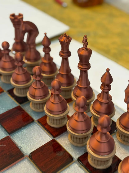 19.5" Walnut & White Epoxy Chess Set – Weighted Pieces, Modern Handmade Board Game Gift - Our3Designs