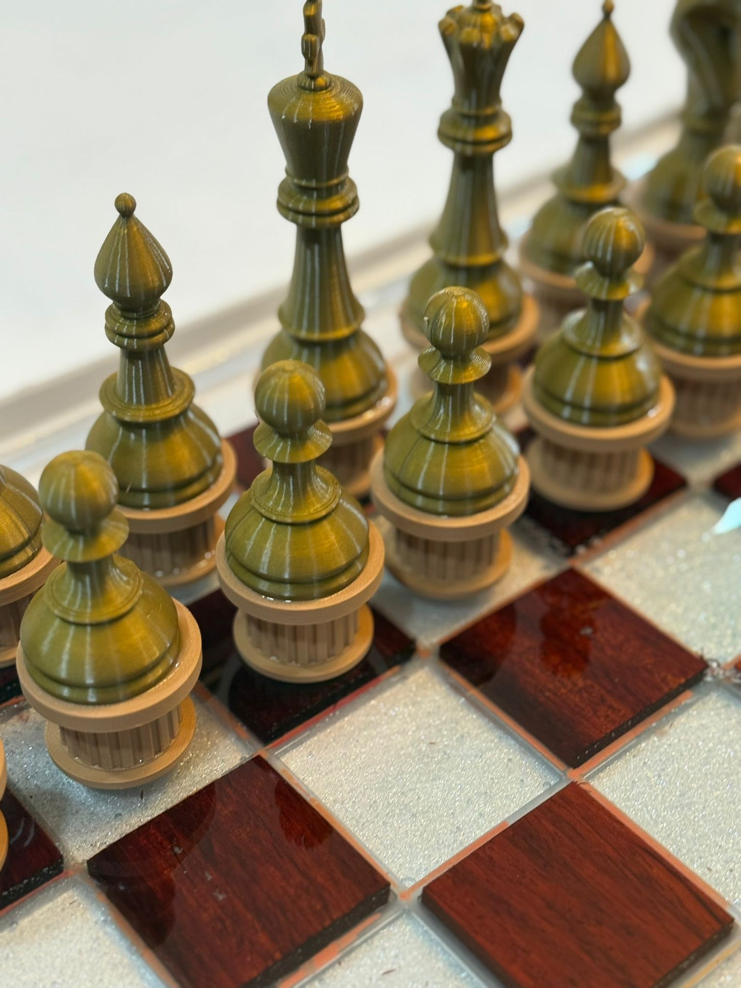 19.5" Walnut & White Epoxy Chess Set – Weighted Pieces, Modern Handmade Board Game Gift
