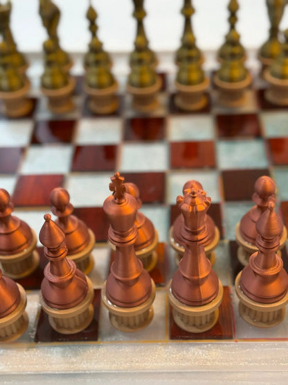 19.5" Walnut & White Epoxy Chess Set – Weighted Pieces, Modern Handmade Board Game Gift - Our3Designs