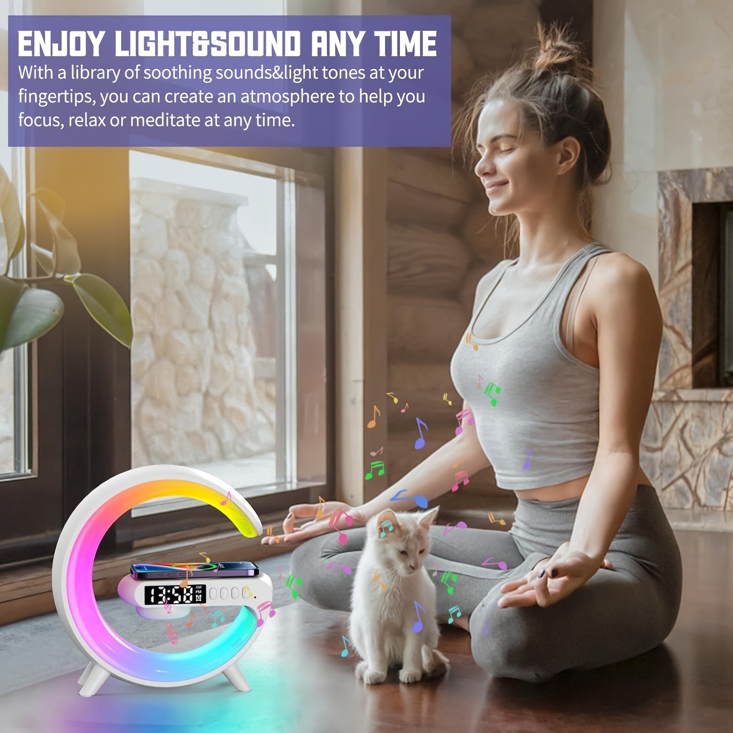 Wireless Phone Charger - Portable Speaker with RGB Lights, Smart Bar Rhythm Lighting, Sunrise Alarm