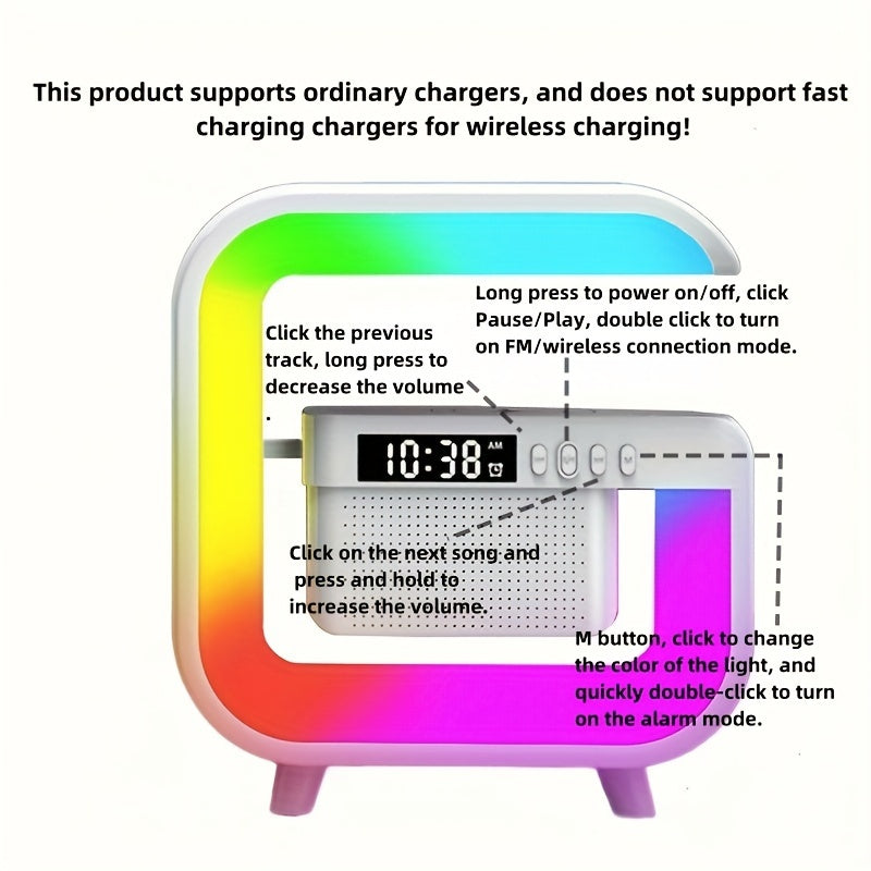 Wireless Phone Charger - Portable Speaker with RGB Lights, Smart Bar Rhythm Lighting, Sunrise Alarm
