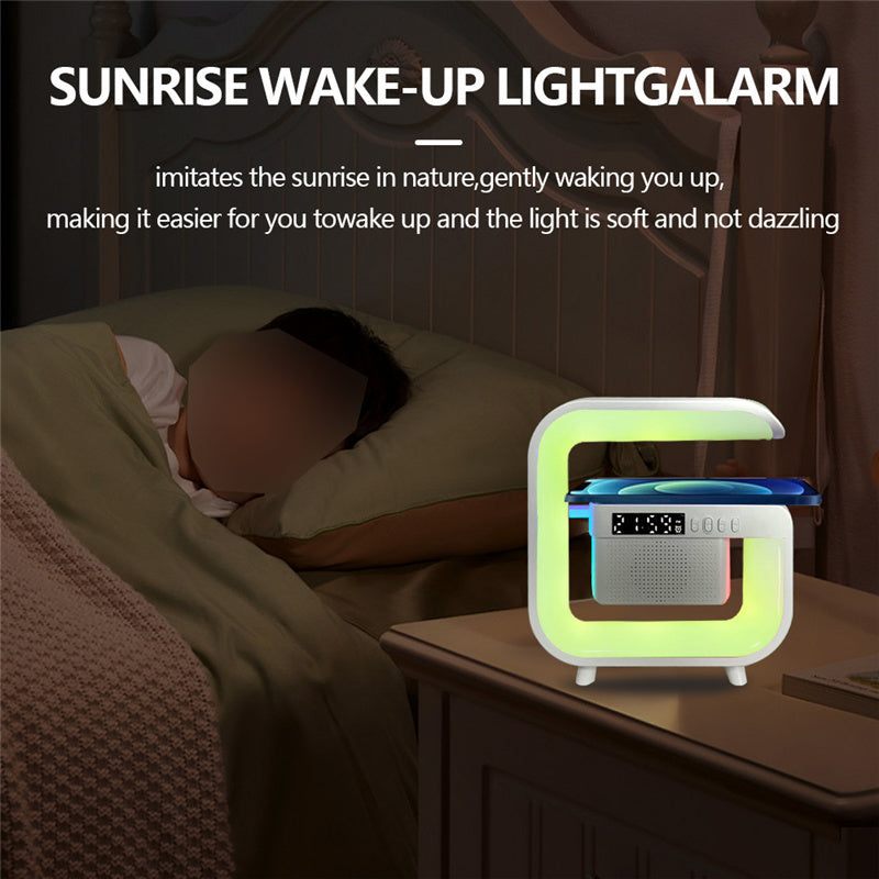 Wireless Phone Charger - Portable Speaker with RGB Lights, Smart Bar Rhythm Lighting, Sunrise Alarm