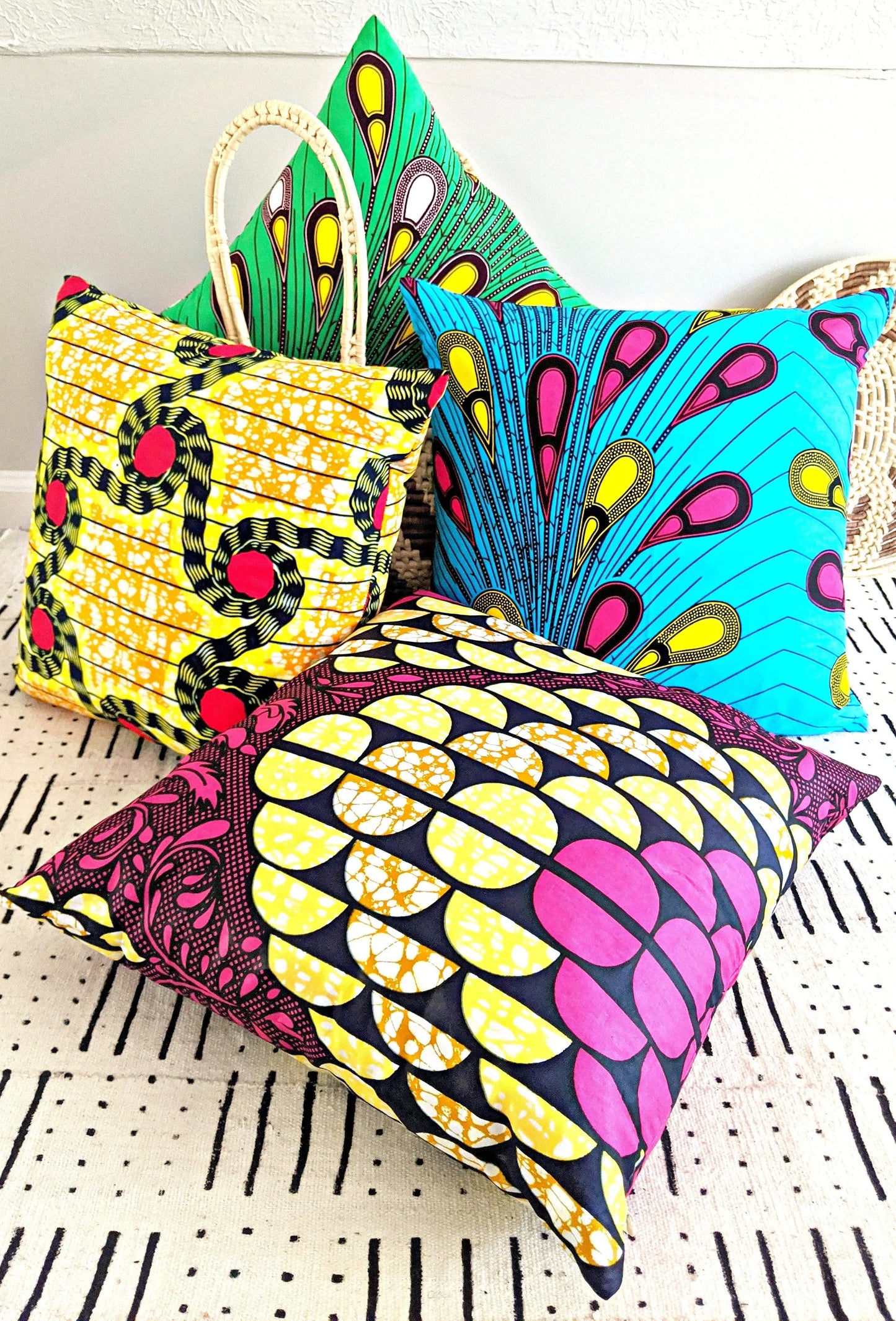African Print Fabric Pillow Cover -Fuchsia Black Yellow Reflektion Design