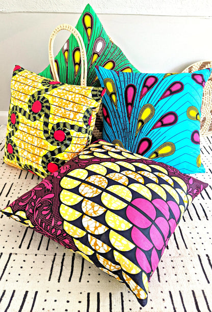 African Print Fabric Pillow Cover -Fuchsia Black Yellow Reflektion Design