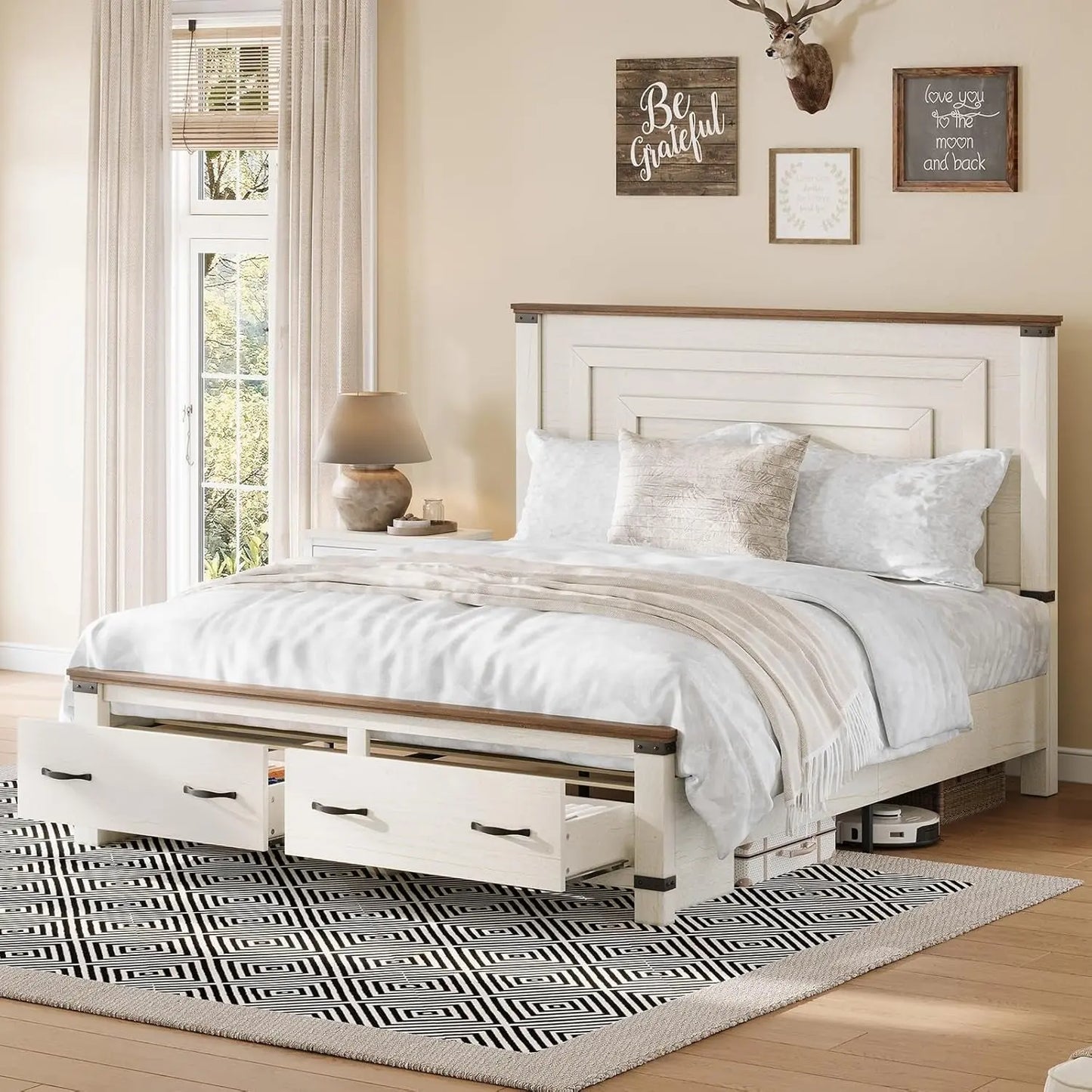 5 Pieces Farmhouse Bedroom Set, Includes Wood Rustic Queen Bed Frame with 54" Tall Headboard, 6 Drawer Dresser Chest, 5 Drawer Tall Dresser, Nightstands Set of 2 with Charging Station, White