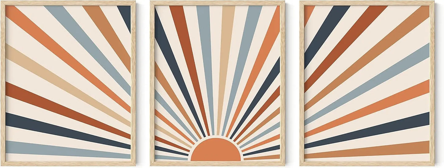 Frame Boho Wall Art - Sun Decor for Bedroom, Mid Century Modern Minimalist Art, Geometric Poster with Beige Frame, 16X20
