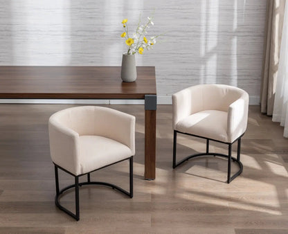 Modern Linen Dining Chair, Mid-Century Upholstered Barrel Kitchen Chairs Fabric Side Chair with Metal Legs and Curved Back for Living Room Dining Room Bedroom, Cream