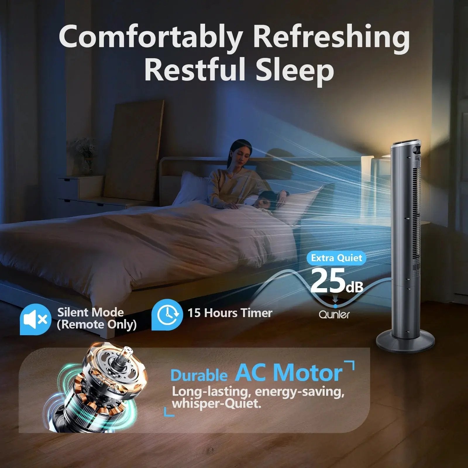 Tower Fan with Remote, 40" Bladeless Fan for Home, 70° Oscillation, 3 Speeds, 2 Modes, 15H Timer Quiet AC Motor Floor Fan for Bedroom, Office, Gray