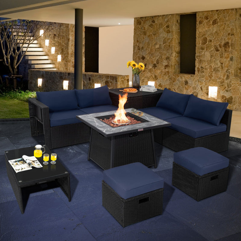 Transform your outdoor space with this stunning 9-piece wicker sectional set, complete with a cozy 35-inch gas fire pit table! 🔥✨ #OutdoorLiving #FirePitFun