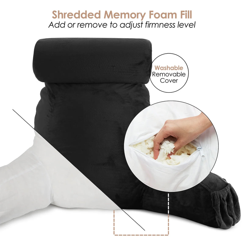 Reading Pillow Bonus Portable Lap Desk Stand for Laptop, Back Rest Pillow for Sitting in Bed, Shredded Memory Foam Bed Rest Pillow with Arms and Pockets, Large, Black