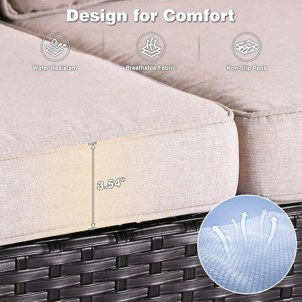 New Kenard Brown 7-Piece Wicker Patio Fire Pit Conversation Set with Beige Cushions and Swivel Rocking Chairs