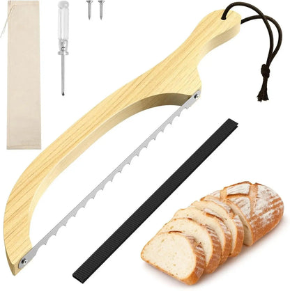 Bread Knife for Homemade Bread – 16" Walnut Bow Bread Cutter with Ultra-Sharp Serrated Stainless Steel Blade, Sourdough Bread Knife for Bagels, Baguettes, and Rustic Loaves - Wood Color