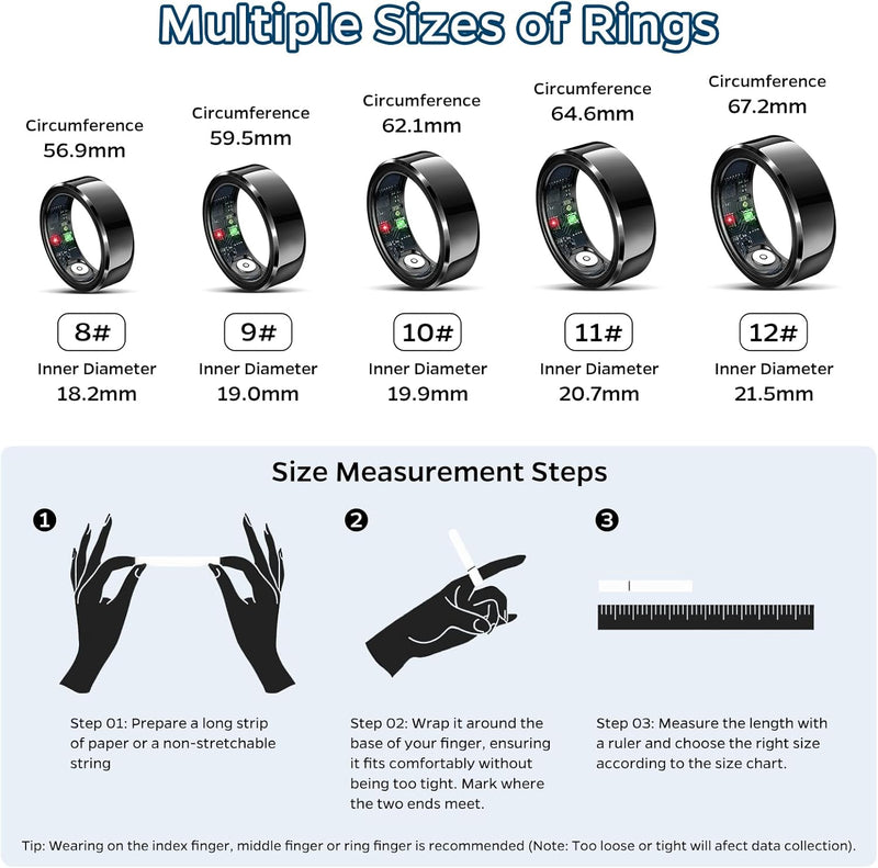 Smart Ring Health Tracker, Sleep Tracker Ring with Heart Rate, Waterproof Fitness Ring for Activity Monitoring/Steps/Distance/Calories, Air Gestures, up to 7-Day Battery, for Ios Android (Black,