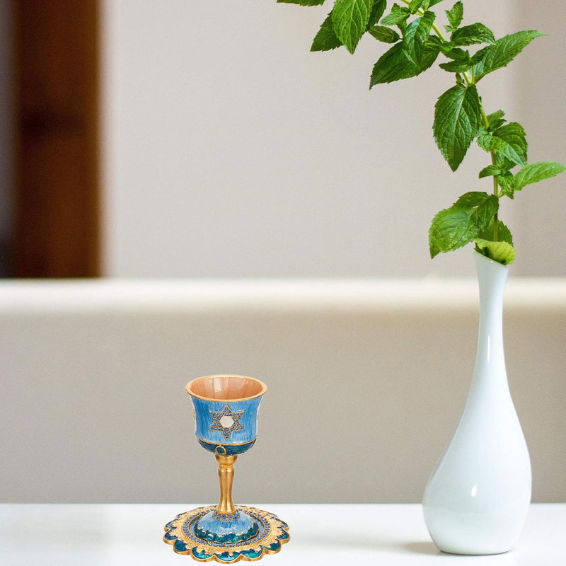 Hand-Painted Enamel Tall 5" Kiddush Cup Set W/Stem & Tray Embellished W/Crystals and Star of David Design for Weddings Shabbat Havdalah Passover Goblet Judaica Gift Cup