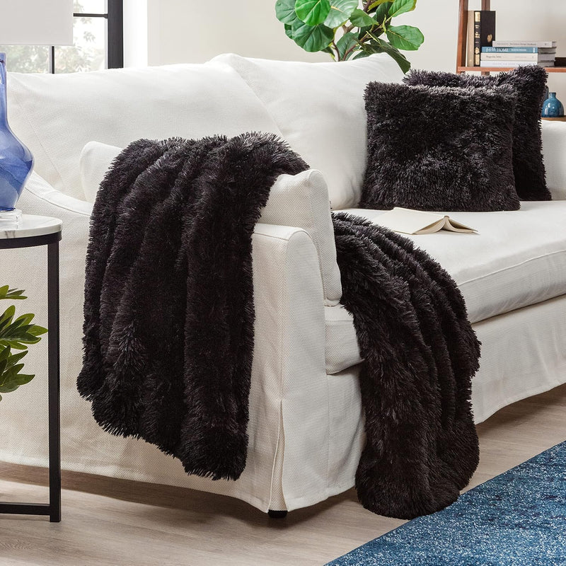 Premium Throw Blanket & Pillow Cover - Long Faux Fur Fuzzy Sherpa Throw (50" X 65”) & 2 Pillow Covers (18" X 18”) - 3-Piece Set, Black