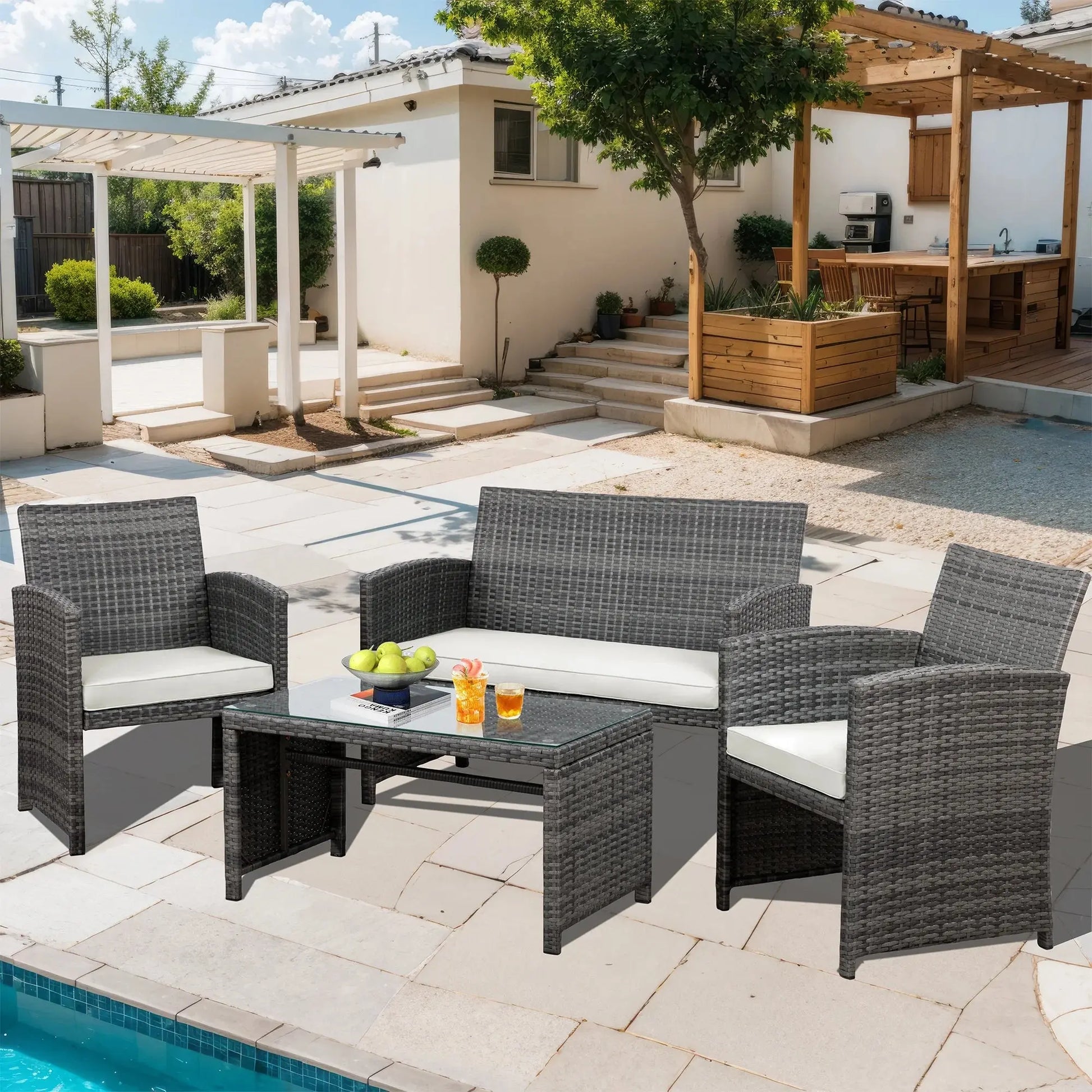 4-Piece Patio Rattan Furniture Set with Cushions & Tempered Glass Tabletop, White