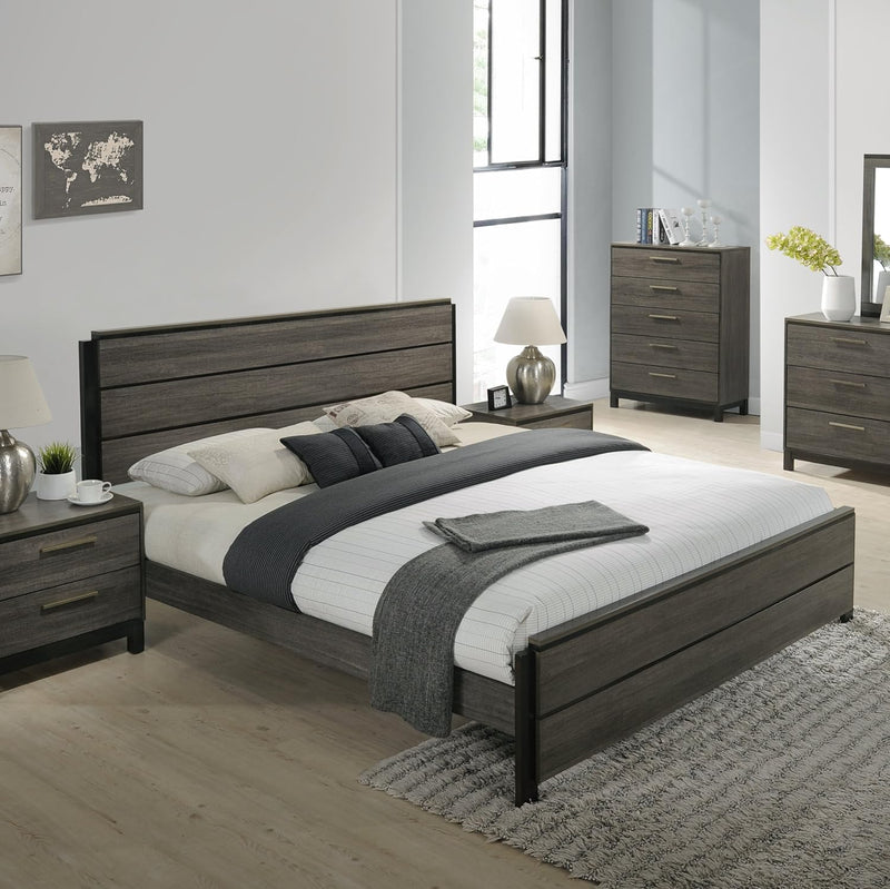 Ioana Antique Grey Finish Wood Bed Room Set, King Size Bed, Dresser, Mirror, Night Stand