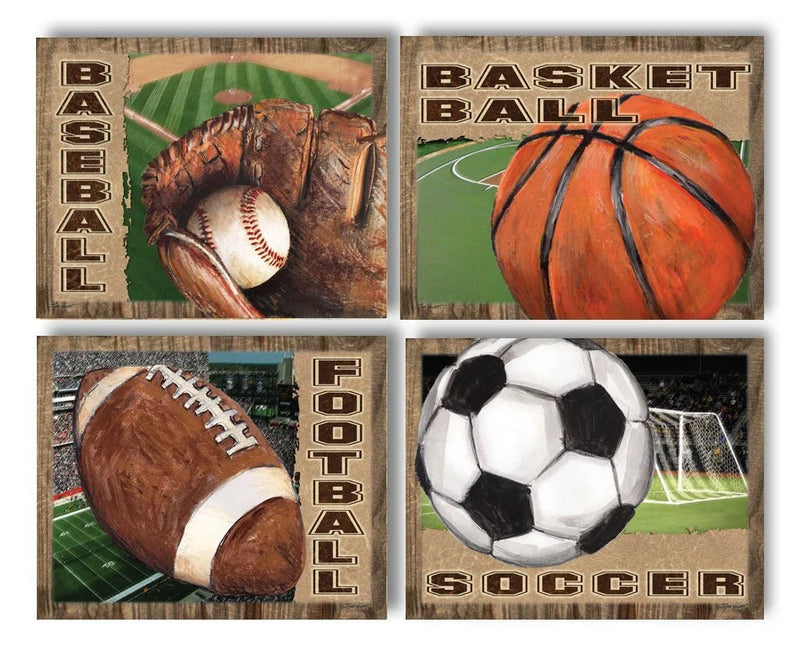 4 Popular American Sports Set Basketball Baseball Football and Soccer; Four 10X8In Mounted Prints; Ready to Hang!